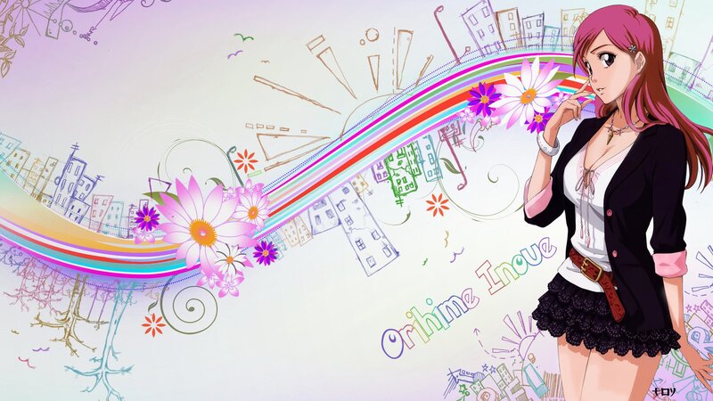 Anime Girl with Pink Hair — Dreamy, Flowers, Rainbow, Sketchy Buildings