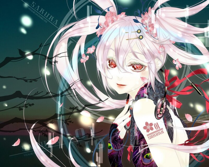 Anime Girl with Pink Hair — Dreamy, Night, Digital Art, Cherry Blossoms, Headphones