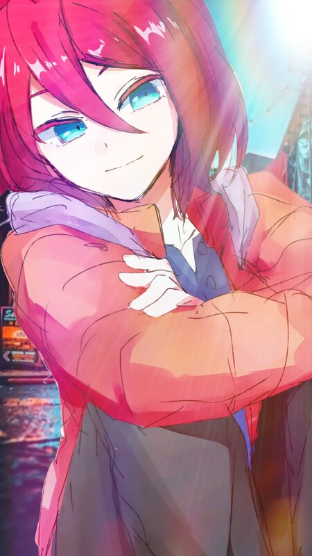 Anime Girl with Pink Hair — Dreamy, Night, Rain