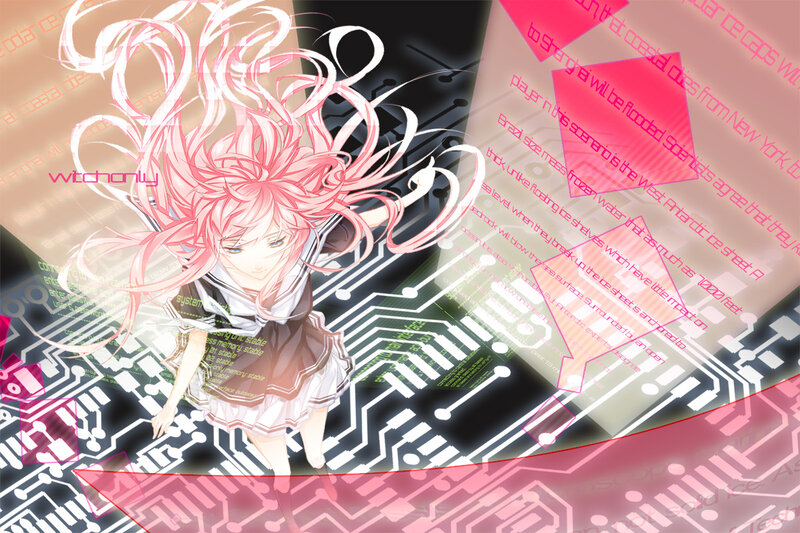 Anime Girl with Pink Hair — Dynamic, Circuit Board