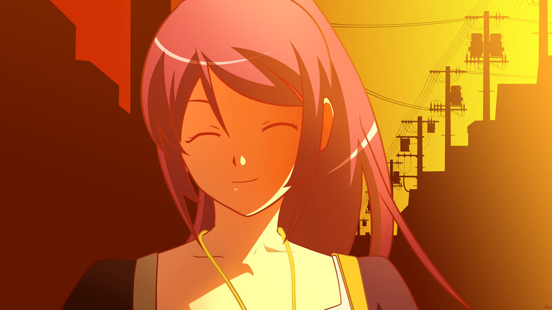 Anime Girl with Pink Hair — Orange, Serene, Sunset