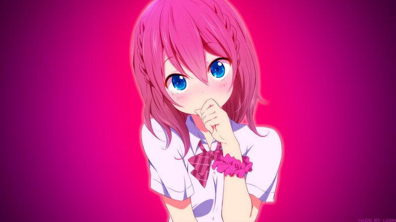 Anime Girl with Pink Hair — Playful, School Uniform, Blue Eyes