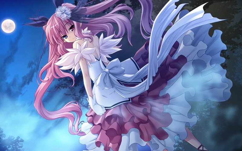 Anime Girl with Pink Hair — Purple, Dramatic, Night, Moon, Forest