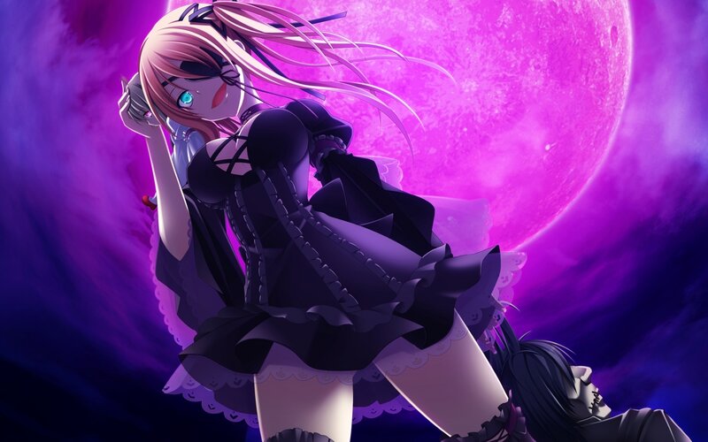 Anime Girl with Pink Hair — Purple, Dramatic, Night, Moon