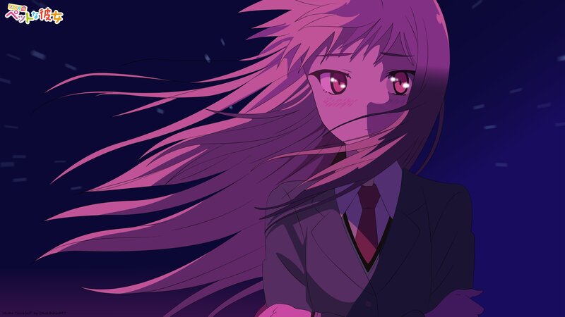 Anime Girl with Pink Hair — Purple, Dramatic, Night, School Uniform, Wind