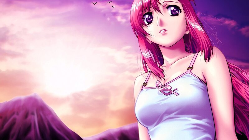 Anime Girl with Pink Hair — Purple, Dramatic, Sunset, Mountain