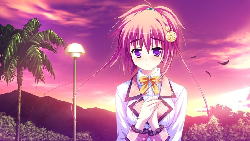Anime Girl with Pink Hair — Purple, Dramatic, Sunset