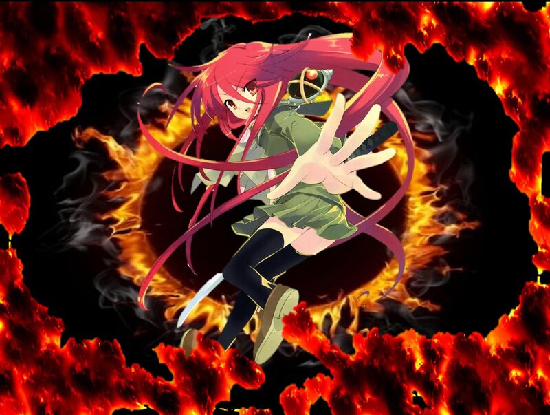 Anime Girl with Pink Hair — Red, Dramatic, Fire, Sword