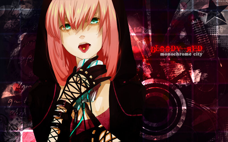 Anime Girl with Pink Hair — Red, Dramatic, Night, Digital Art