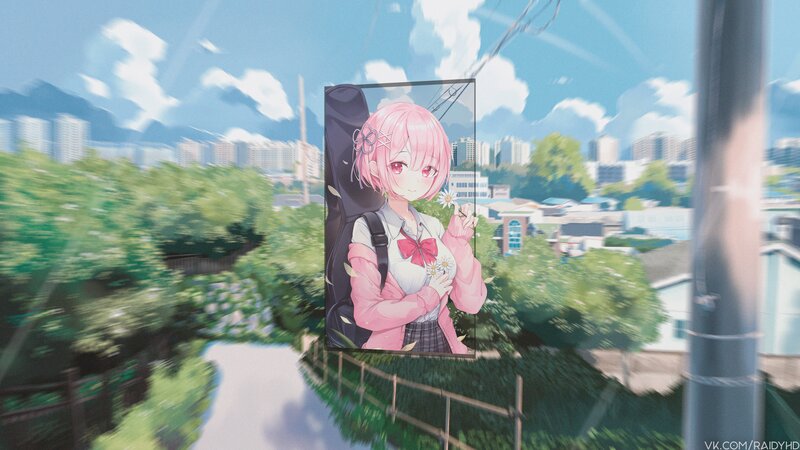 Anime Girl with Pink Hair — Serene, Afternoon, Digital Art, Backpack