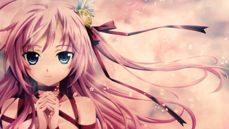 Anime Girl with Pink Hair — Serene, Spring, Blue Eyes, Ribbon
