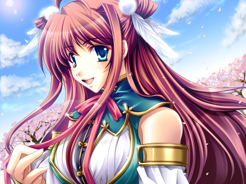Anime Girl with Pink Hair — Serene, Spring, Cherry Blossoms, Feather Accessories