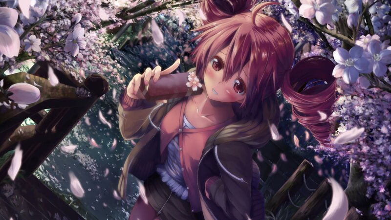 Anime Girl with Pink Hair — Serene, Spring, Cherry Blossoms, Wooden Structure