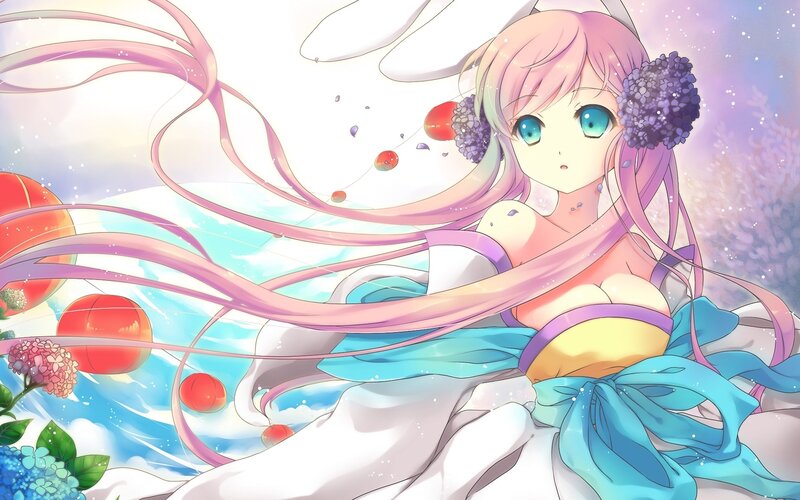 Anime Girl with Pink Hair — Serene, Spring, Flowers, Lanterns