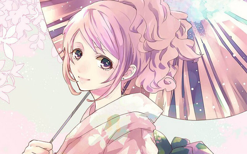 Anime Girl with Pink Hair — Serene, Spring, Kimono, Umbrella