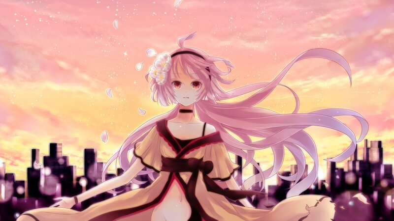 Anime Girl with Pink Hair — Serene, Sunset, Digital Art, Flower in Hair