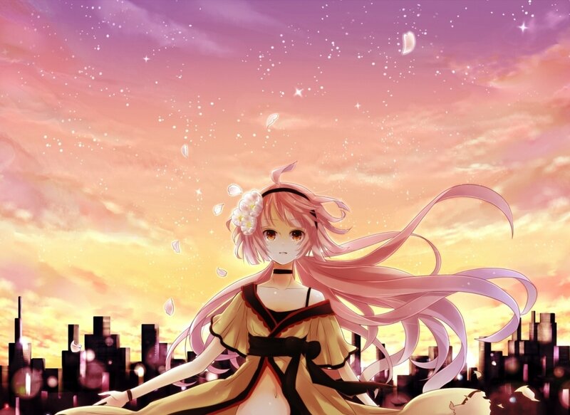 Anime Girl with Pink Hair — Serene, Sunset, Digital Art