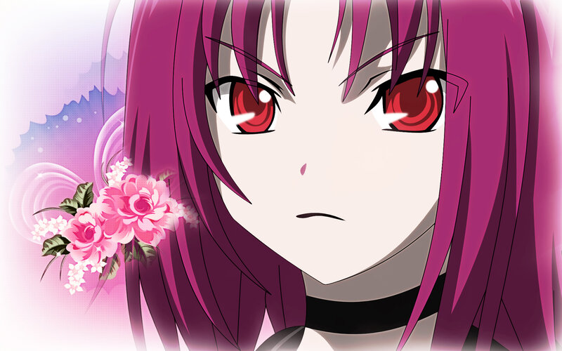 Anime Girl with Pink Hair — Serious, Flowers