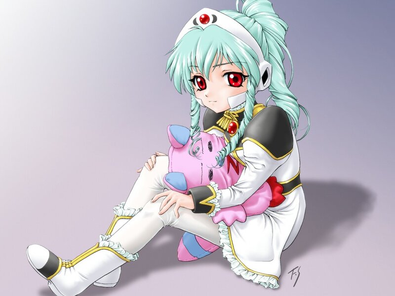 anime girl with pink plush