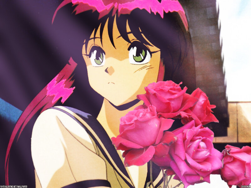 anime girl with pink roses