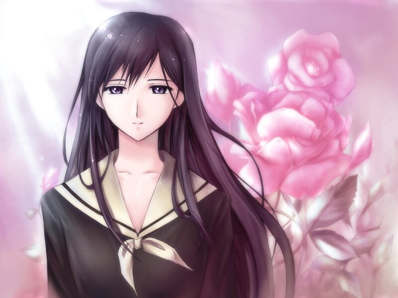 anime girl with pink roses