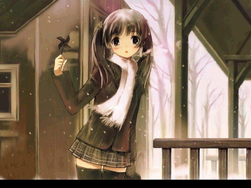 Anime girl with pinwheel in snow
