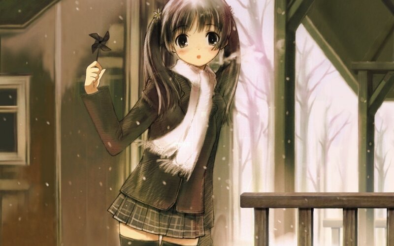 Anime girl with pinwheel in snow