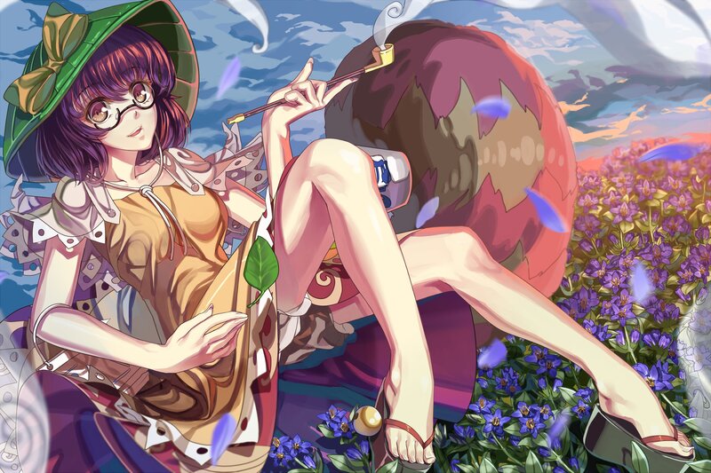 Anime girl with pipe in flower field