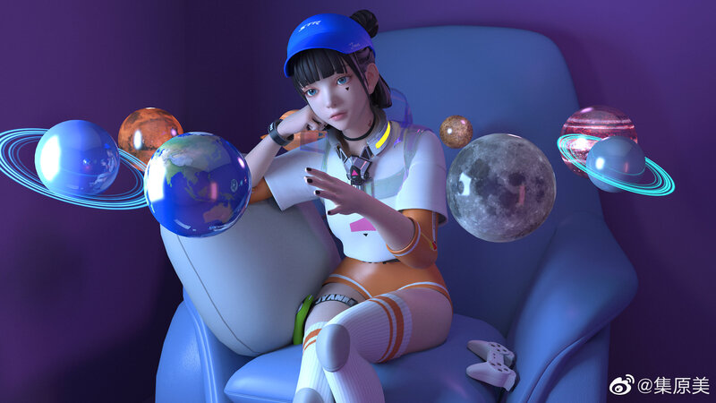 Anime Girl with Planets — Purple