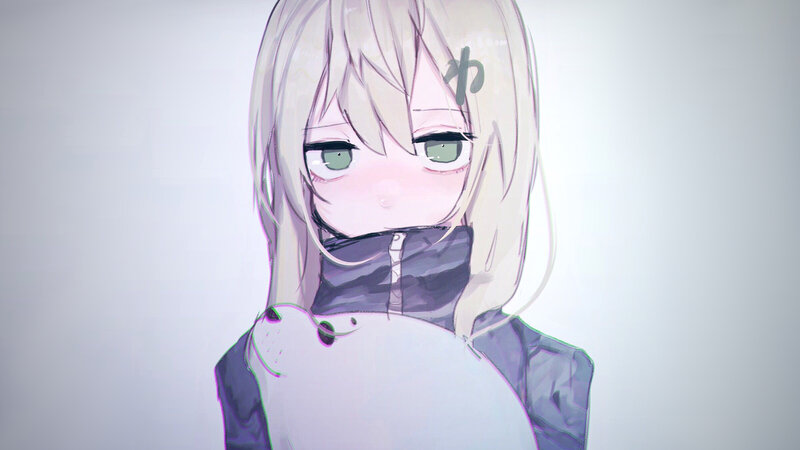 Anime Girl with Plush Toy — White, Neutral