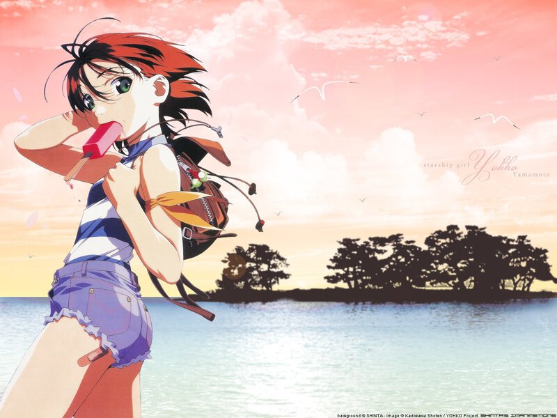 Anime girl with popsicle at beach