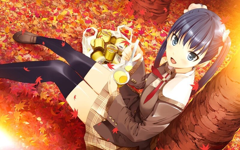 Anime girl with pudding in autumn