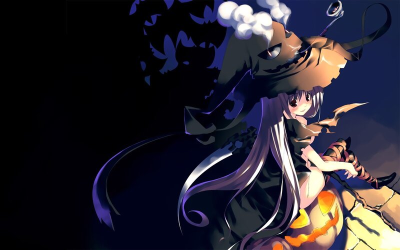 Anime Girl with Pumpkin — Black, Dark, Night, Digital Art, Witch Hat, Bats