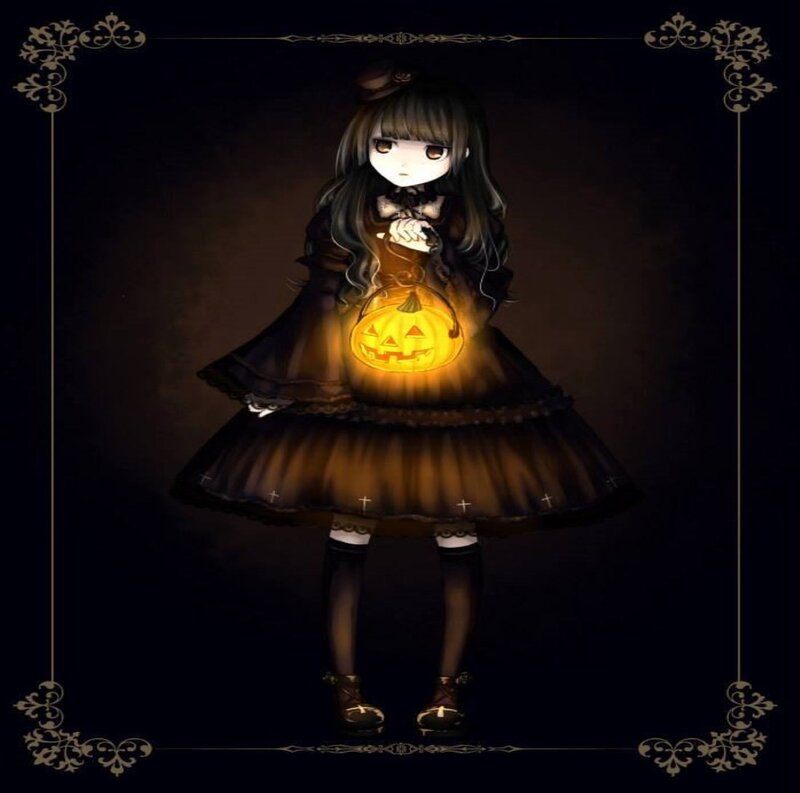 Anime Girl with Pumpkin — Black, Dark, Night