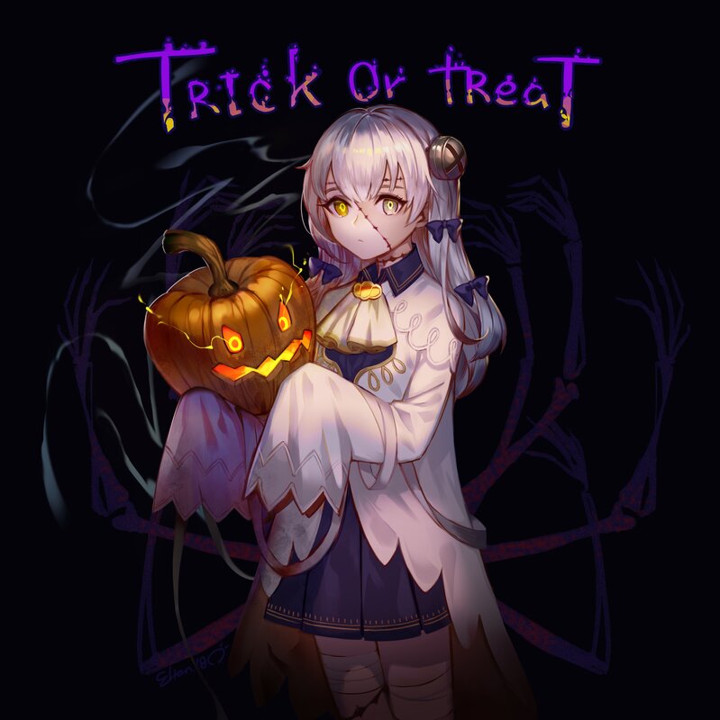 Anime Girl with Pumpkin — Black, Spooky, Night