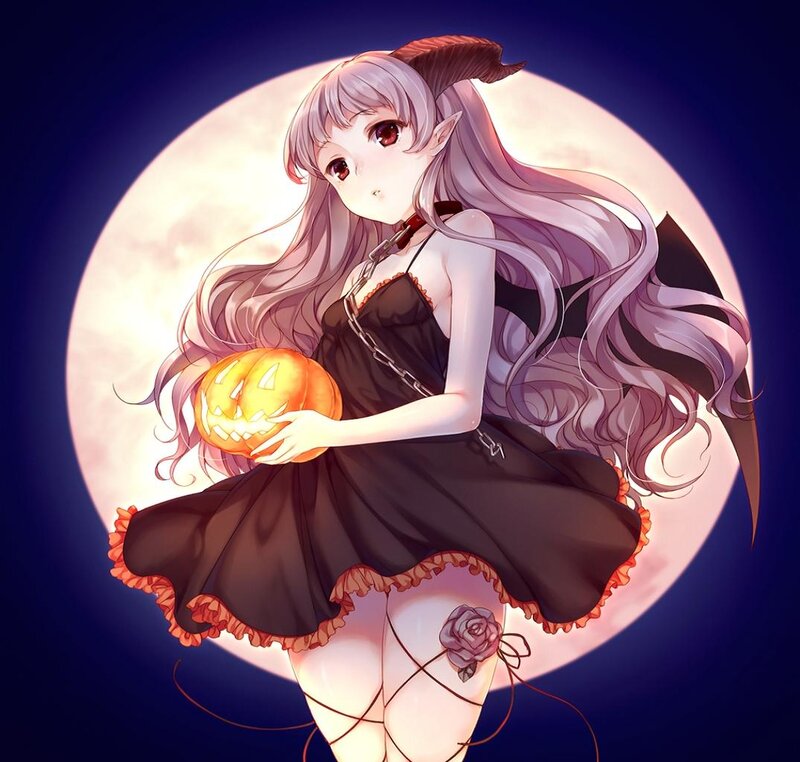 Anime Girl with Pumpkin — Purple, Dramatic, Night