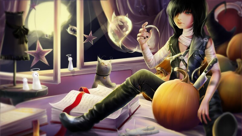 Anime Girl with Pumpkin — Purple, Mysterious