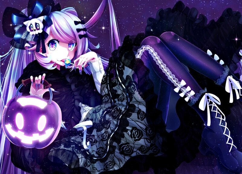 Anime Girl with Pumpkin — Purple, Playful, Night, Digital Art