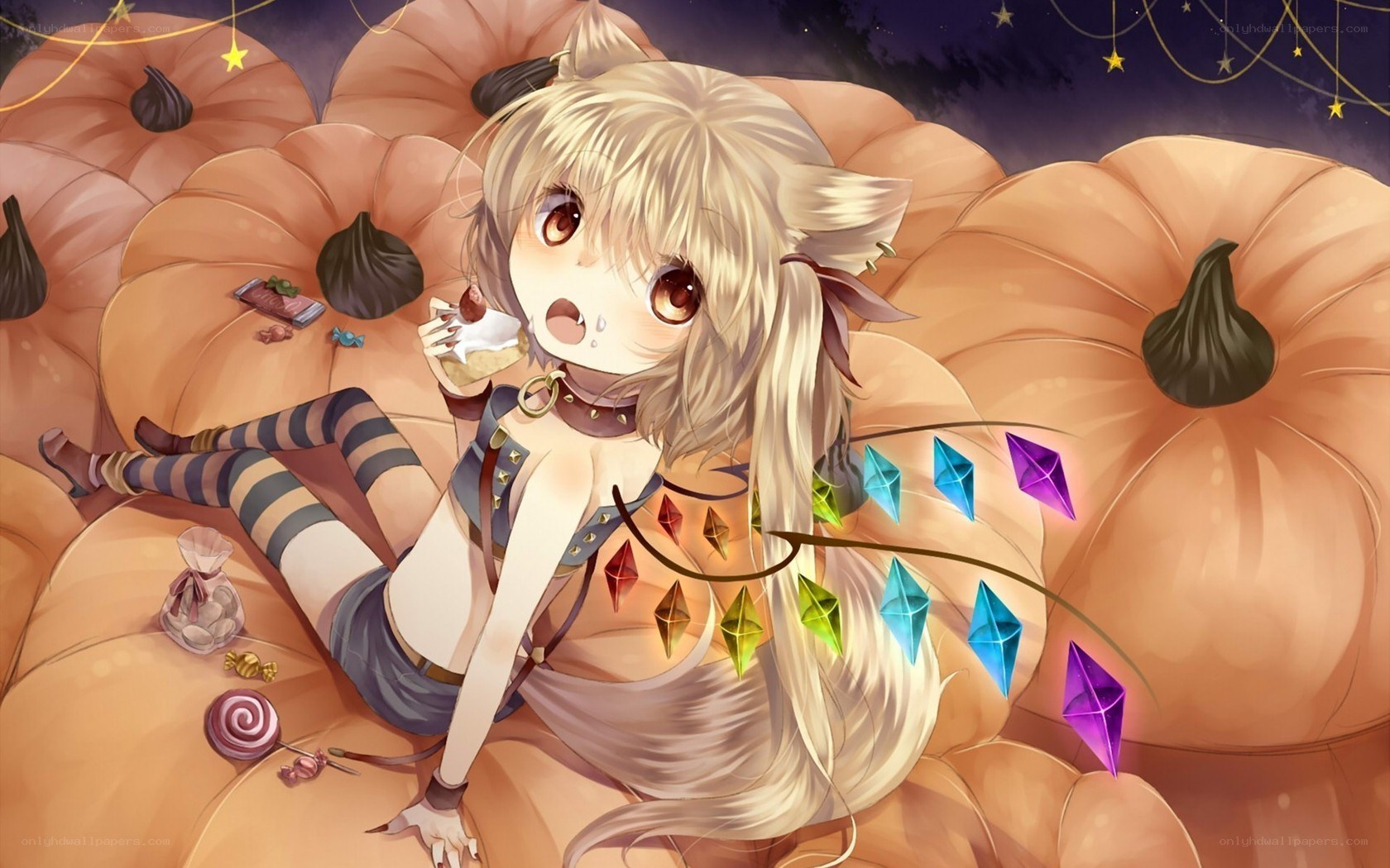 anime girl with pumpkins and candy