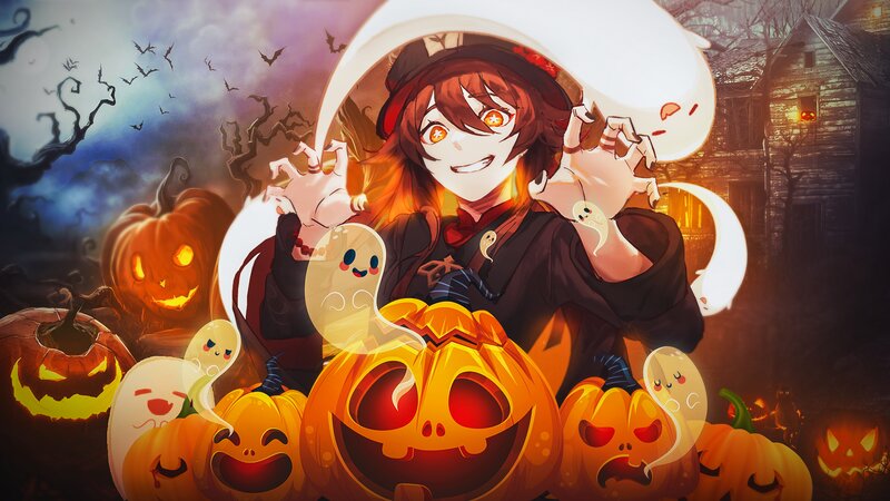 Anime Girl with Pumpkins — Orange