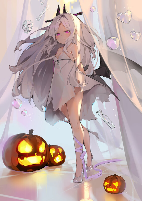 Anime Girl with Pumpkins — White