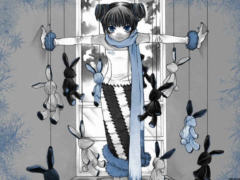 Anime girl with puppet rabbits