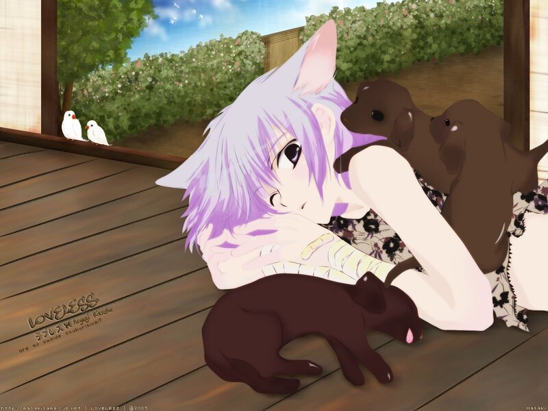 Anime girl with puppies