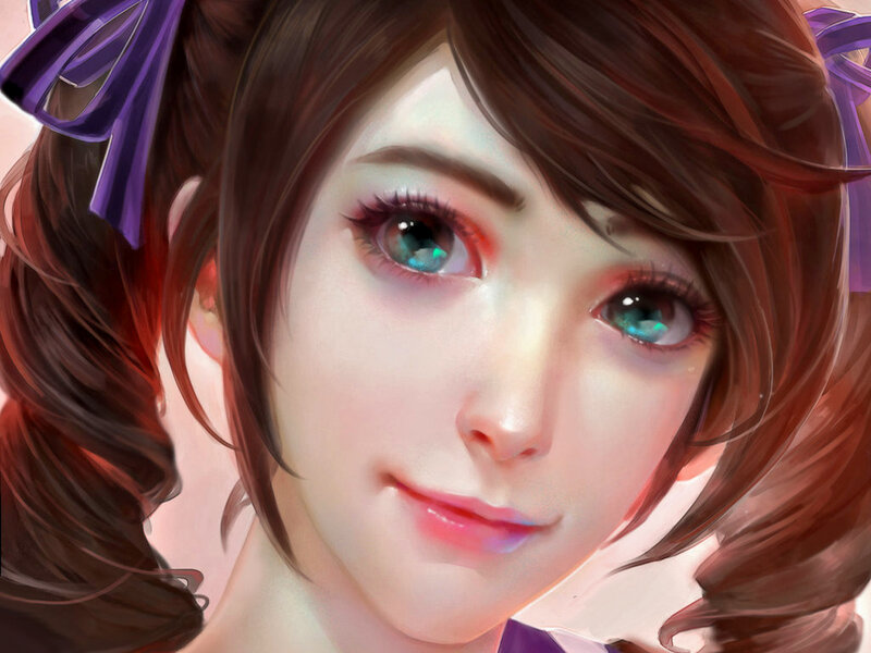 Anime Girl with Purple Bows — Brown
