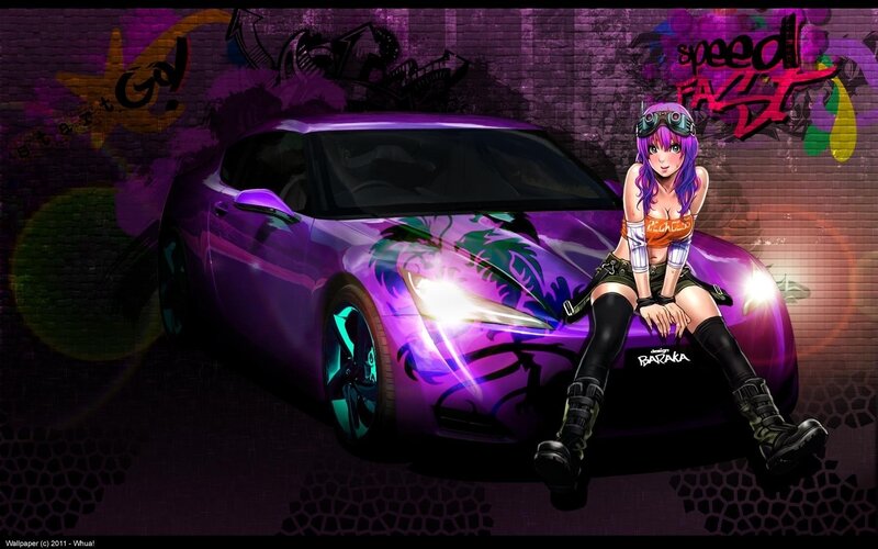 anime girl with purple car