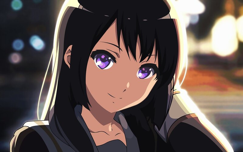 Anime Girl with Purple Eyes — Black, Calm, Night
