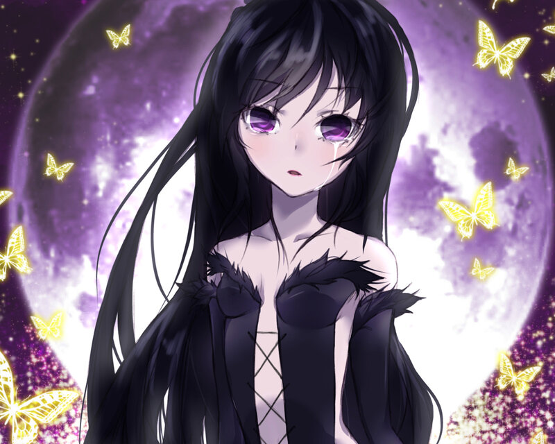 Anime Girl with Purple Eyes — Dramatic, Night, Butterflies