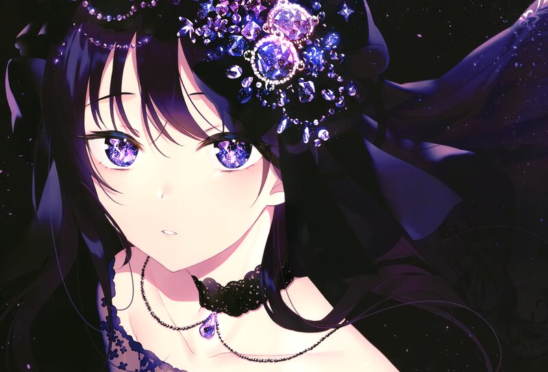 Anime Girl with Purple Eyes — Dramatic, Night, Digital Art, Crown