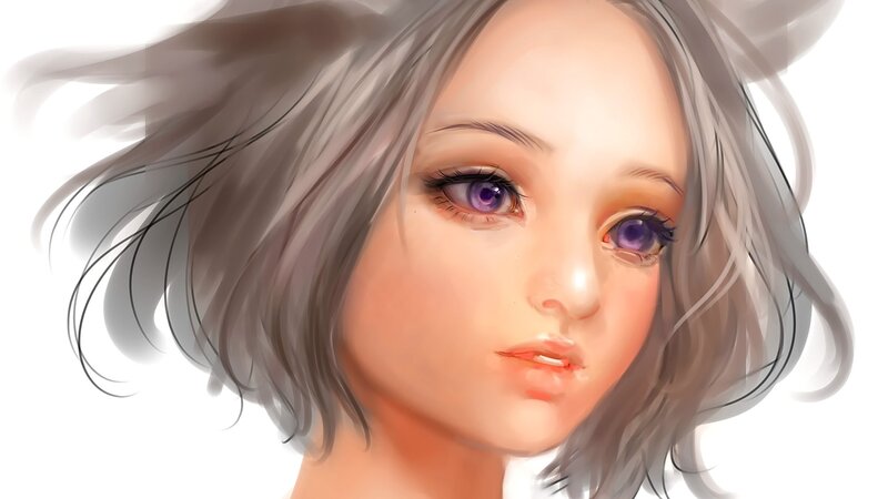 Anime Girl with Purple Eyes — Gray, Calm, Digital Art