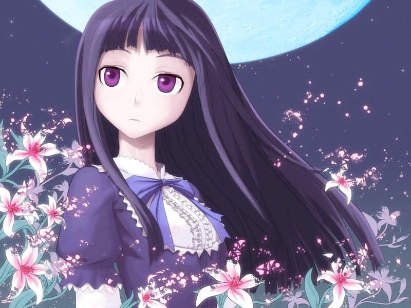 Anime Girl with Purple Eyes — Serene, Night, Flowers